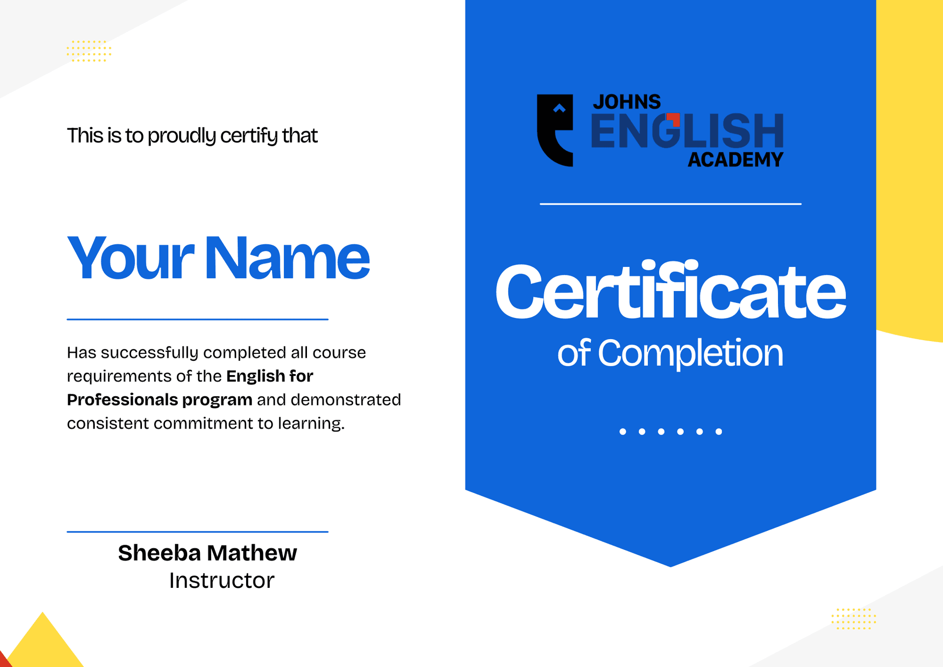 Johns English Academy Certificate